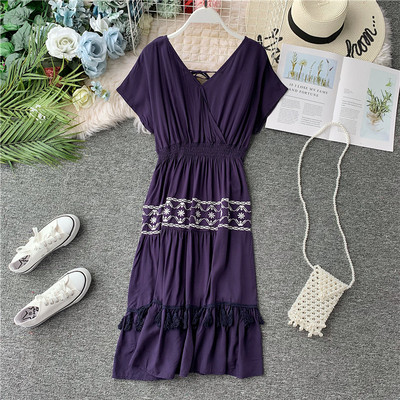 Rochie casual de dama cu maneci scurte si broderie cu ciucuri