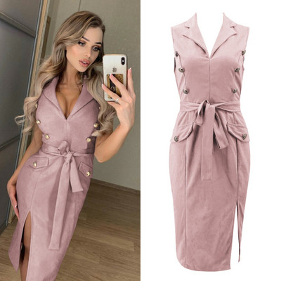 Rochie moderna de dama cu curea si nasturi in mai multe culori