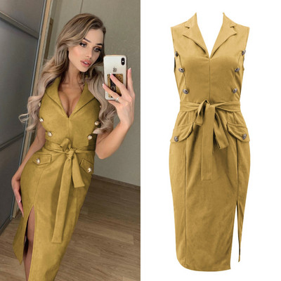 Rochie moderna de dama cu curea si nasturi in mai multe culori