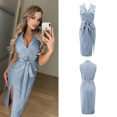 Rochie moderna de dama cu curea si nasturi in mai multe culori