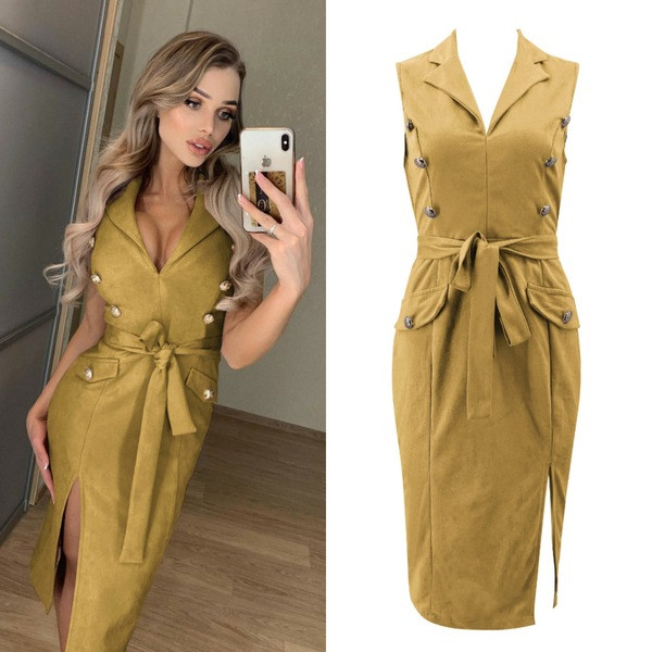 Rochie moderna de dama cu curea si nasturi in mai multe culori