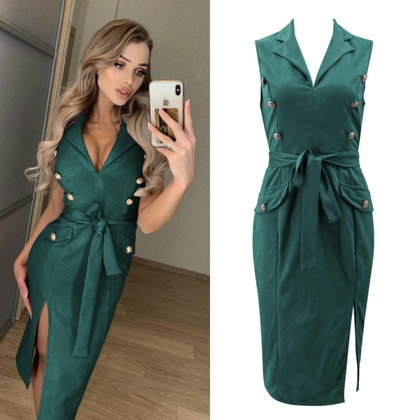 Rochie moderna de dama cu curea si nasturi in mai multe culori