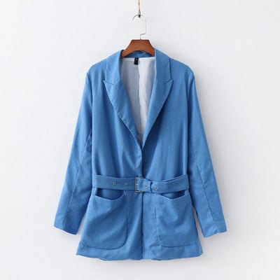 Geaca de dama moderna cu curea in talie si buzunare in albastru