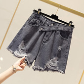 Blugi scurti casual de dama cu motiv rupt si buzunar in negru si albastru