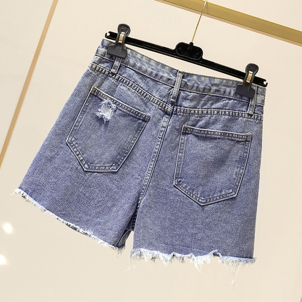 Blugi scurti casual de dama cu motiv rupt si buzunar in negru si albastru