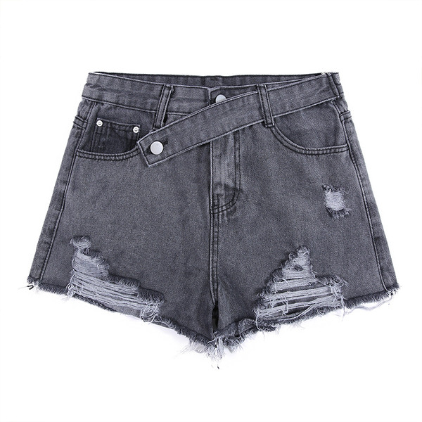 Blugi scurti casual de dama cu motiv rupt si buzunar in negru si albastru