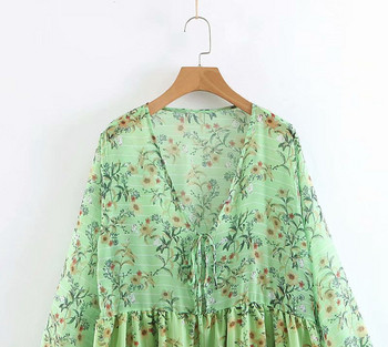 Rochie larga de dama cu maneci lungi si decolteu in V cu model floral