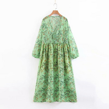 Rochie larga de dama cu maneci lungi si decolteu in V cu model floral