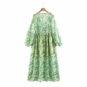 Rochie larga de dama cu maneci lungi si decolteu in V cu model floral