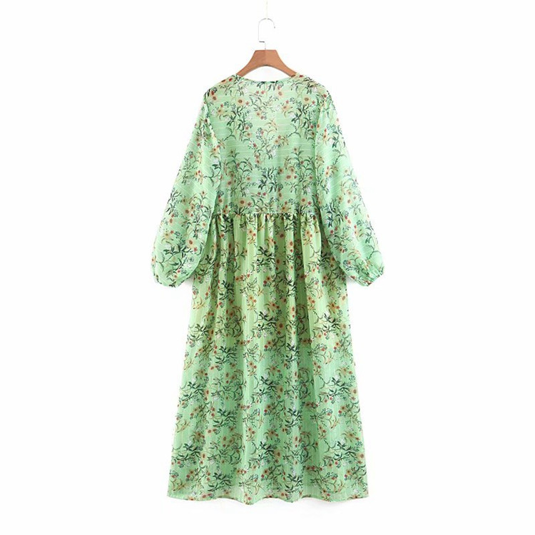 Rochie larga de dama cu maneci lungi si decolteu in V cu model floral