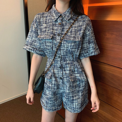 Κομψή γυναικεία  ολόσωμη φόρμα  με κοντό μανίκι με  γιακά σε μπλε χρώμα