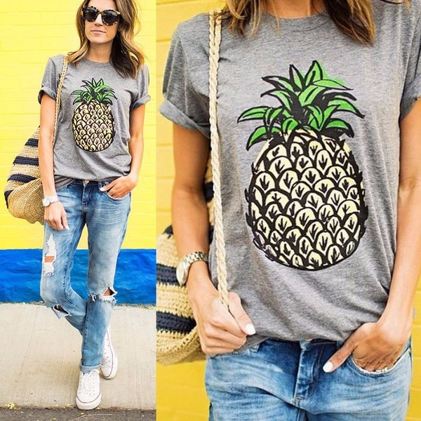 Tricou dama cu aplicatie de ananas de culoare gri