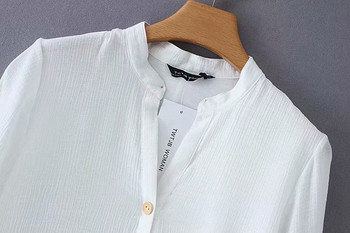 Rochie casual de dama cu maneci 7/8 si decolteu in V cu nasturi in alb