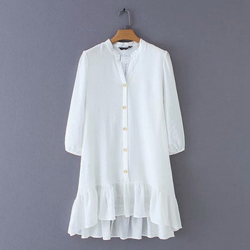 Rochie casual de dama cu maneci 7/8 si decolteu in V cu nasturi in alb