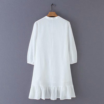 Rochie casual de dama cu maneci 7/8 si decolteu in V cu nasturi in alb