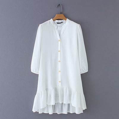 Rochie casual de dama cu maneci 7/8 si decolteu in V cu nasturi in alb