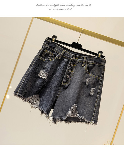 Pantaloni scurți de damă din denim cu paiete și motive rupte