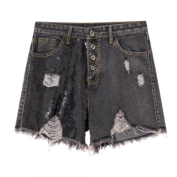 Pantaloni scurți de damă din denim cu paiete și motive rupte