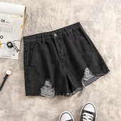 Blugi moderni scurti de dama in negru cu buzunar si motiv rupt