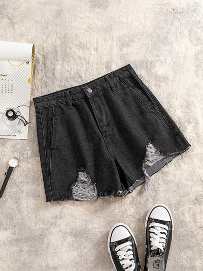 Blugi moderni scurti de dama in negru cu buzunar si motiv rupt