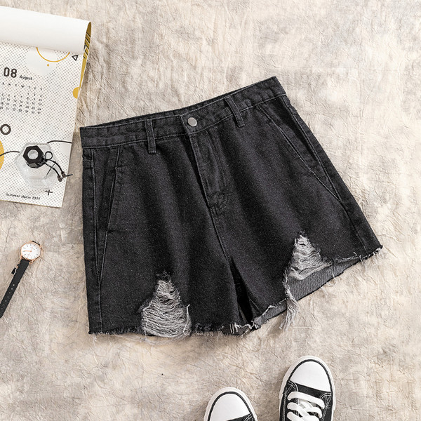 Blugi moderni scurti de dama in negru cu buzunar si motiv rupt