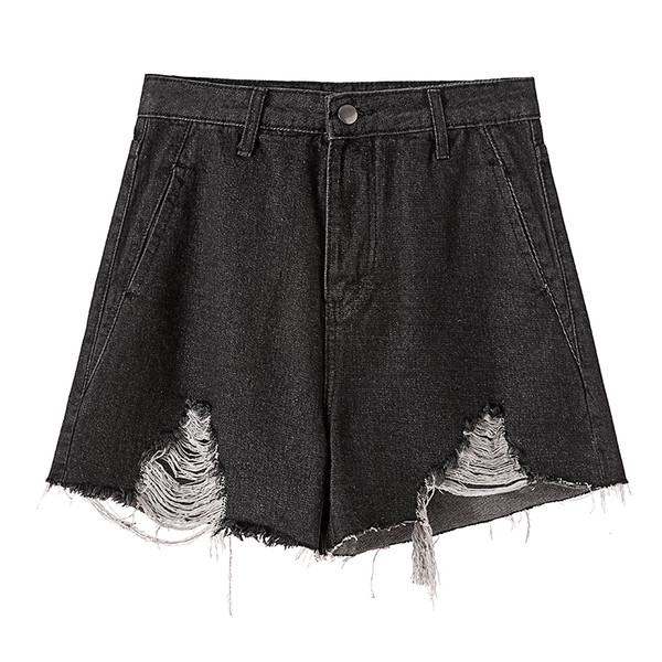 Blugi moderni scurti de dama in negru cu buzunar si motiv rupt