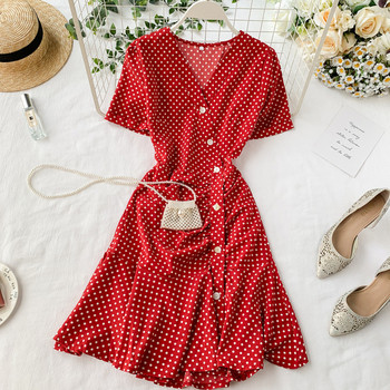 Rochie de damă cu buline cu decolteu în V în roșu și negru