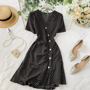 Rochie de damă cu buline cu decolteu în V în roșu și negru