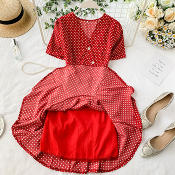 Rochie de damă cu buline cu decolteu în V în roșu și negru