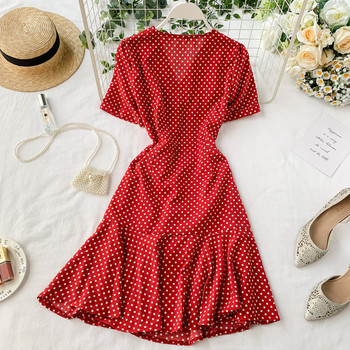 Rochie de damă cu buline cu decolteu în V în roșu și negru