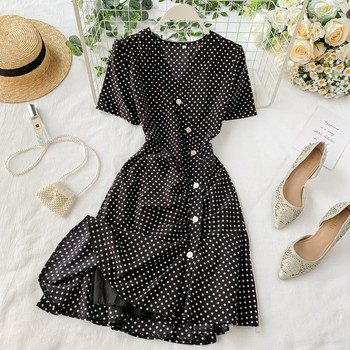 Rochie de damă cu buline cu decolteu în V în roșu și negru