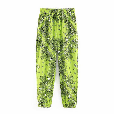 Pantaloni casual de dama cu elastic in talie si glezne de culoare verde cu model