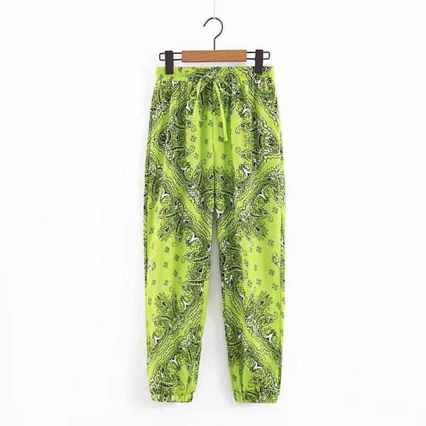 Pantaloni casual de dama cu elastic in talie si glezne de culoare verde cu model