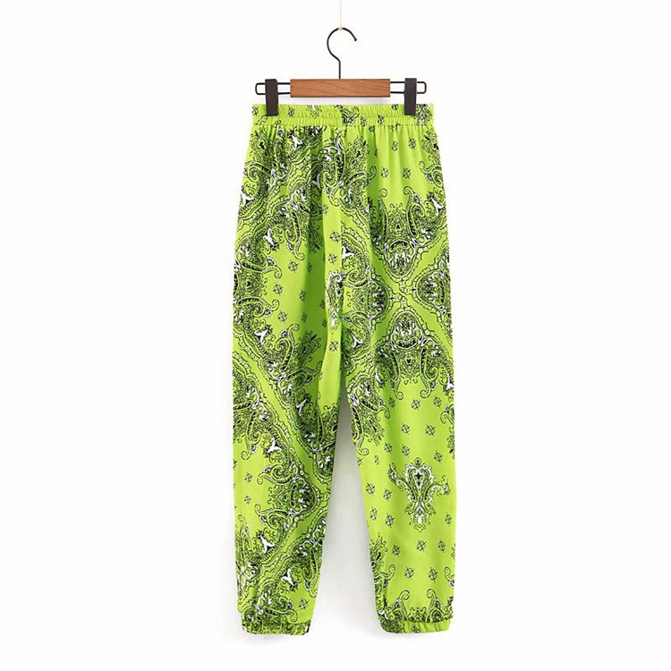 Pantaloni casual de dama cu elastic in talie si glezne de culoare verde cu model