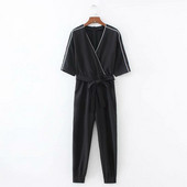 Casual γυναικεία ολόσωμη φόρμα  με κοντό μανίκι με ζώνη μέσης και μέσης σε μαύρο χρώμα