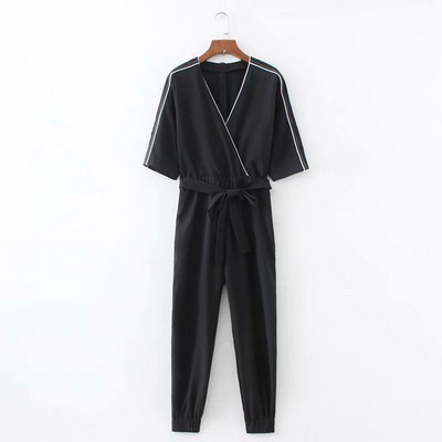 Casual γυναικεία ολόσωμη φόρμα  με κοντό μανίκι με ζώνη μέσης και μέσης σε μαύρο χρώμα