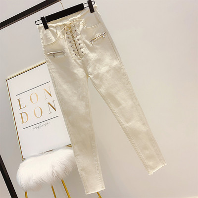 Blugi lungi de dama cu sireturi in alb si negru