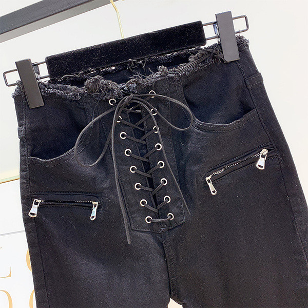 Blugi lungi de dama cu sireturi in alb si negru