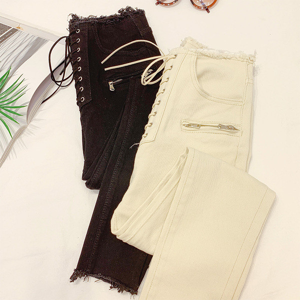 Blugi lungi de dama cu sireturi in alb si negru