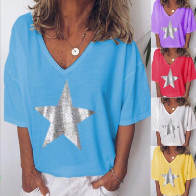 Ежедневна дамска тениска с къс ръкав и щампа в няколко цвята