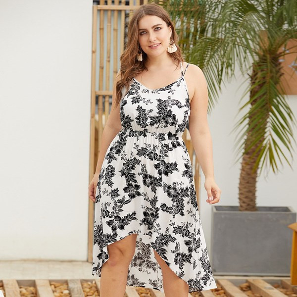 Rochie moderna de dama cu model floral si model asimetric cu bretele subtiri