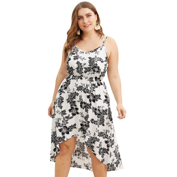 Rochie moderna de dama cu model floral si model asimetric cu bretele subtiri