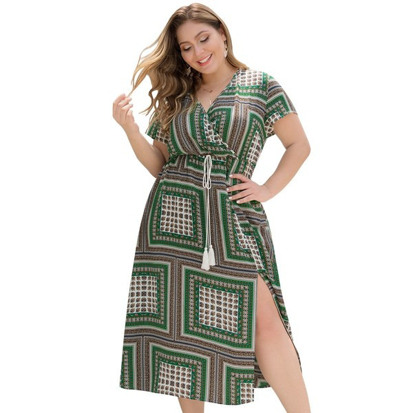 Rochie modernă de damă, cu cravate și cu fantă în imprimeu color