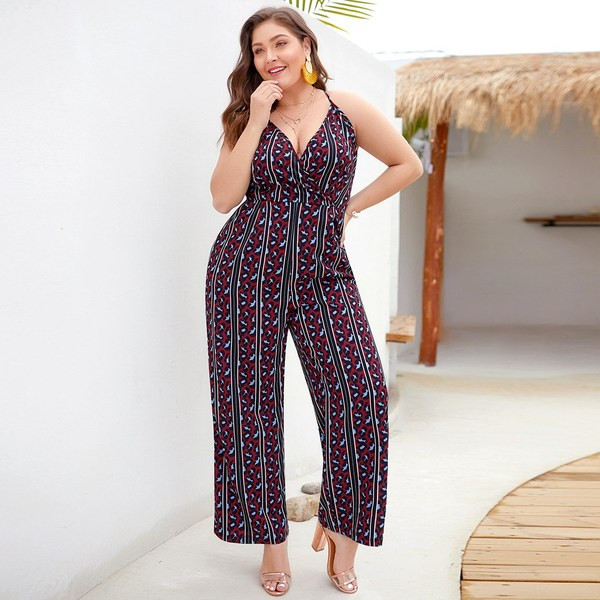 Γυναικεία ολόσωμη φόρμα  με λεπτούς ιμάντες ώμου και πολύχρωμη εκτύπωση