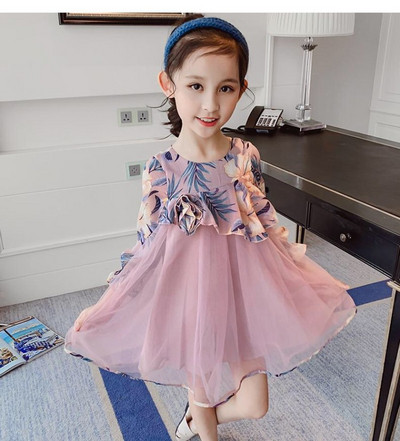 Стилна детска рокля с дълъг ръкав и тюл-в розов цвят