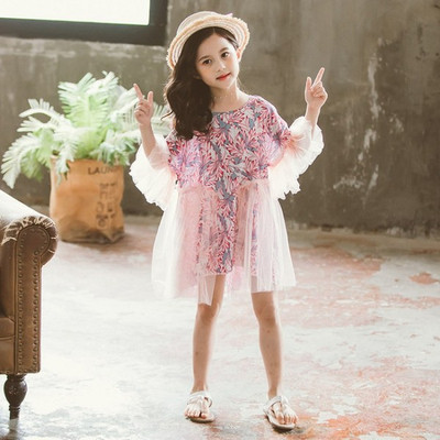 Модерна детска рокля с къс ръкав и тюл-в розов цвят