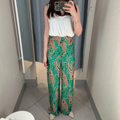 Pantaloni lungi de dama cu talie inalta de culoare verde si model