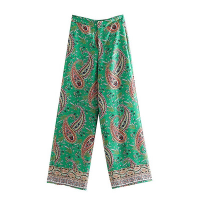Pantaloni lungi de dama cu talie inalta de culoare verde si model