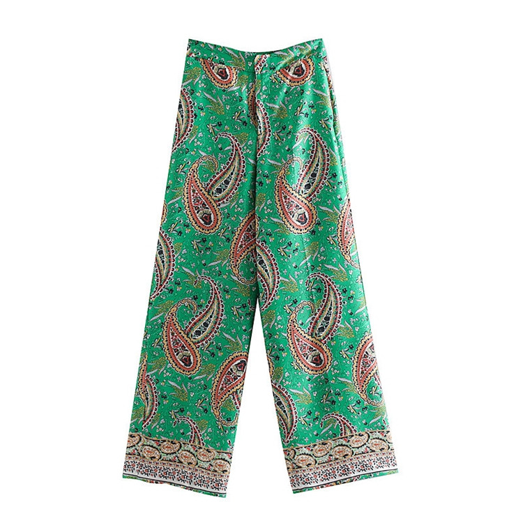 Pantaloni lungi de dama cu talie inalta de culoare verde si model