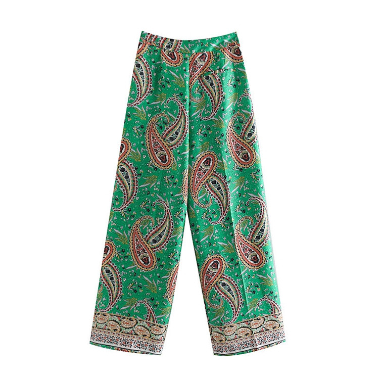 Pantaloni lungi de dama cu talie inalta de culoare verde si model